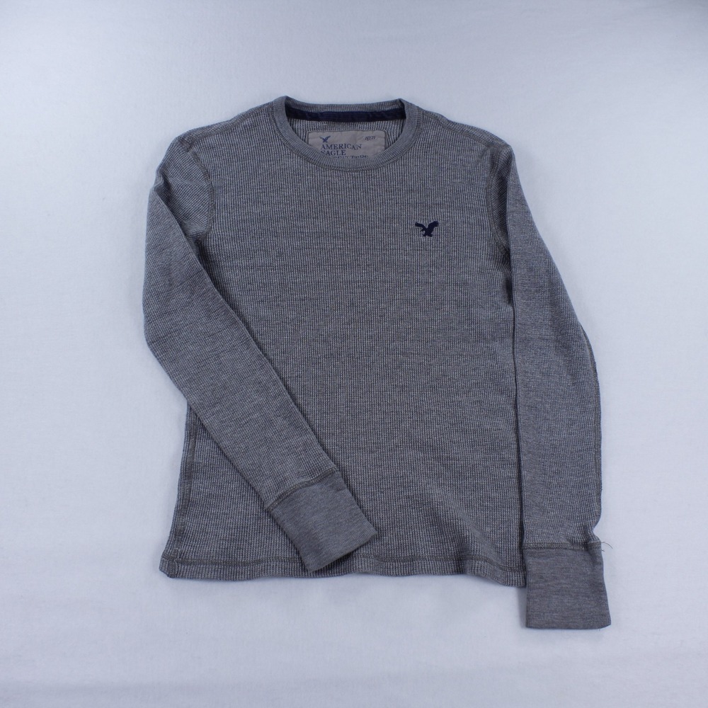 American Eagle Gray Thermal Waffle Knit Long Sleeve Shirt Crew Neck Size XS